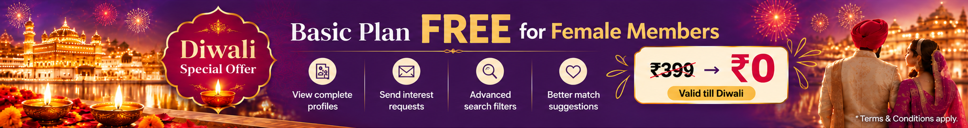 Diwali special offer: SikhanandKaraj Basic Plan free for female members until Diwali. Regular price ₹399, offer price ₹0. Terms and conditions apply.